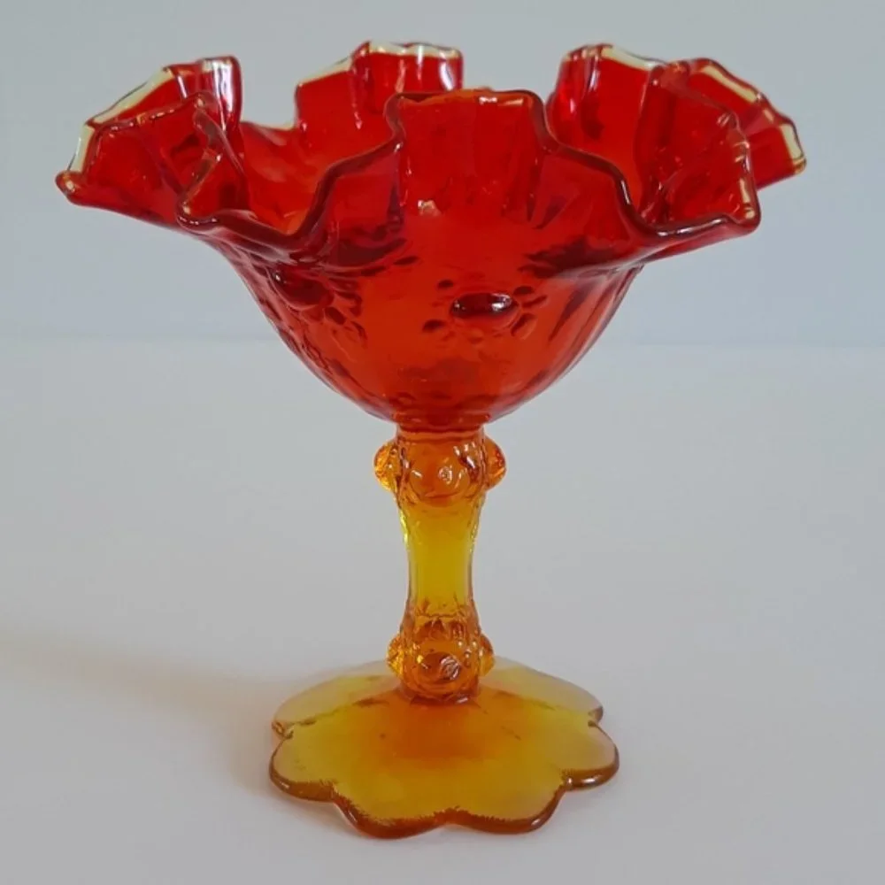 Vintage Amberina Glass Ruffled Compote Candy Dish Pedestal Bowl